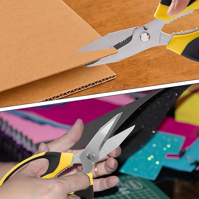 Scissors All Purpose Heavy Duty, 2 Pack Sharp Scissor with Large & Precision Serrations, 8'' Multipurpose Cutting Board Scissors with Special Clip, Wire Cutting Notch & Safety Cover, Yellow