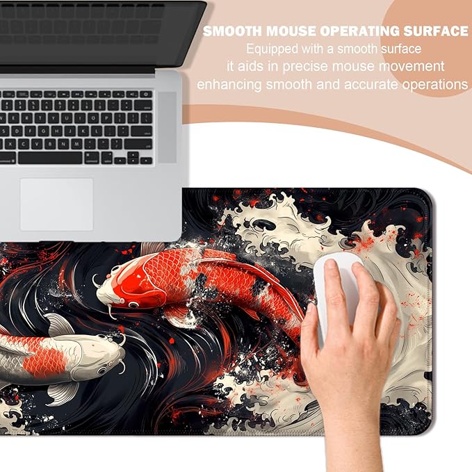 Japanese Koi Fish Gaming Mouse Pad, Extended Large Yin and Yang Desk Mat, Computer Keyboard Laptop Mousepad for Work, Office and Home, XL