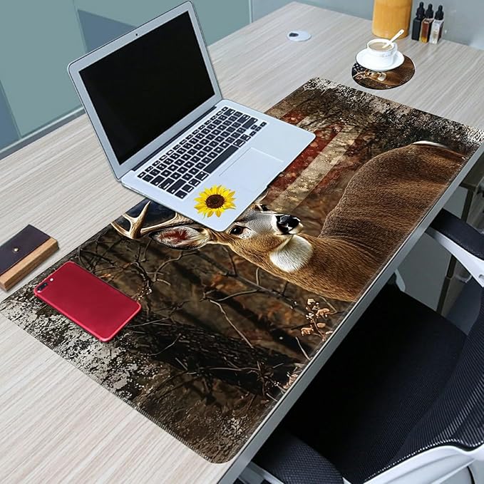 Desk Mat Large Gaming Mouse Pad (31.5x11.8 inch) with Stitched Edges, XL Mouse Pad +Coaster, Extended Mouse Mat Keybroad Mousepad Non-Slip Rubber for Gamer Men Women, Deer Retro American Flag