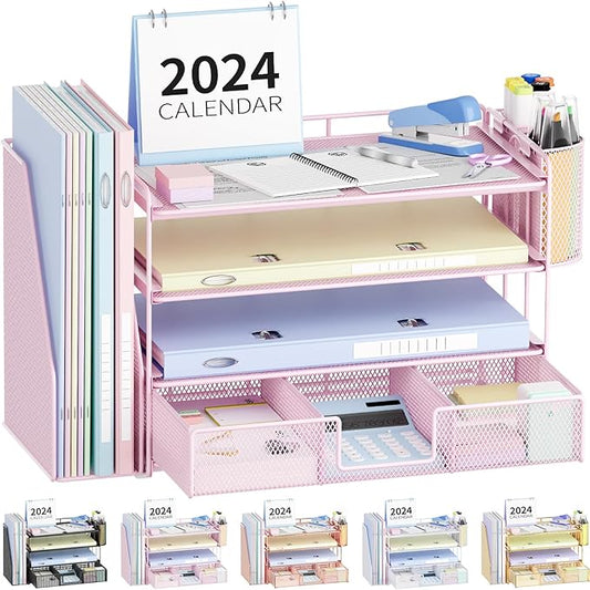 Desk Organizer and Accessories, 4-Tier Desktop File Organizer with Drawer and 2 Pen Holders, Office Desk Accessories for Office Supplies(Pink)