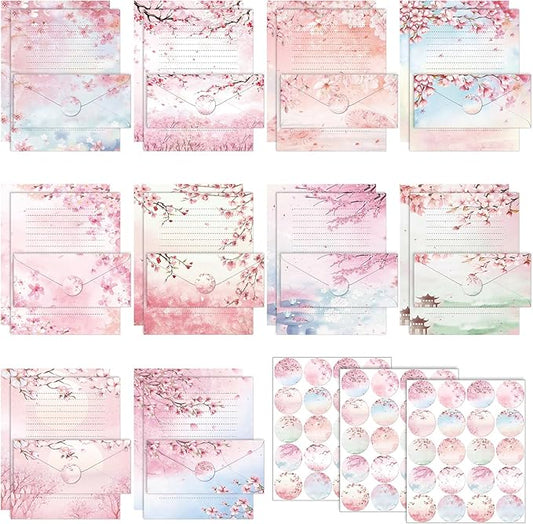 TaoBary 160 Pcs Stationery Paper Set 50 Double Sided Stationery Papers with 50 Matching Envelopes and 60 Round Dot Sticker, 10 Design(Cherry Blossom,8.5 x 11 Inch)