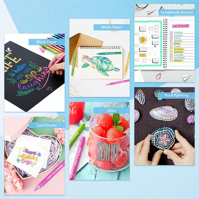 Ohuhu Glitter Markers Pen: 12 Glitter Colors Metallic Shimmer Marker Fine Tip Water-based Ink for Kids Adults DIY Crafts Greeting Birthday Cards Making Mugs Wood