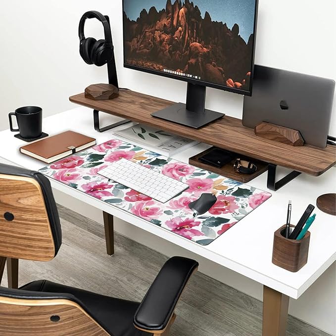 Large Gaming Mouse Pad for Desk,Watercolor Pink Flowers and Green Leaves Desk Mat for Desktop,Non-Slip Rubber Base Stitched Edge Long Computer Keyboard Mouse Mat Desk Pad for Home Office 35.4"X15.7"
