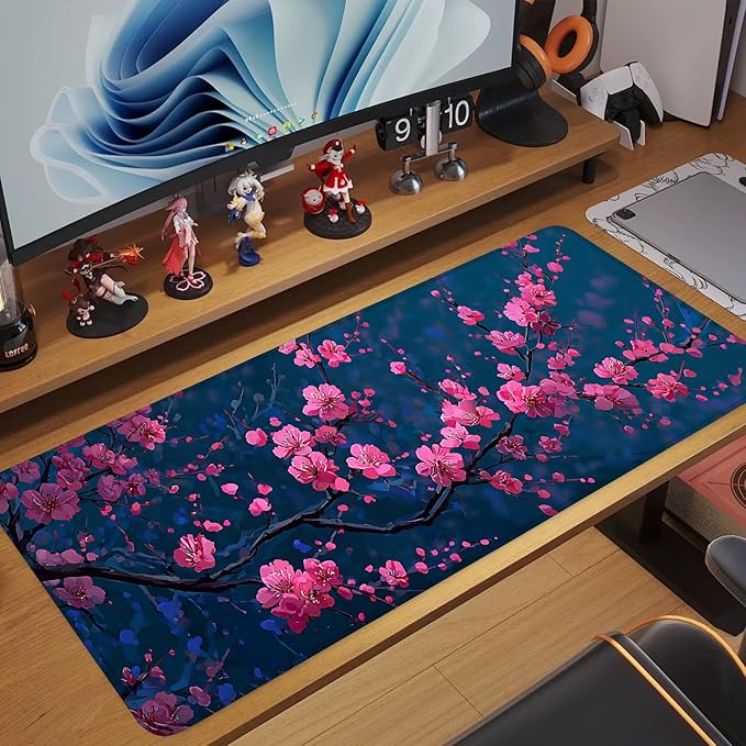 Elegant Cherry Blossom Mouse Pad – 31.5" x 11.8" Extended Desk Mat with Pink Peach Blossoms on Deep Blue Background – Large Non-Slip Surface for Home & Office Use