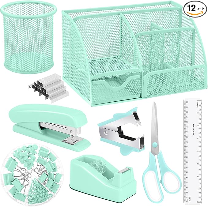 Green Desk Organizers and Accessories, Teal Office Supplies Set Green Mesh Desk Organizer, Stapler, Tape Dispenser, 1000 Staples, Staple Remover, Pen Holder, Clips Set, Ruler, Scissors