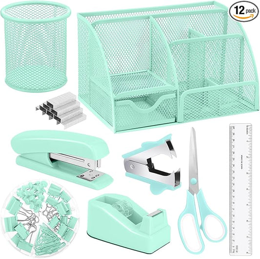 Green Desk Organizers and Accessories, Teal Office Supplies Set Green Mesh Desk Organizer, Stapler, Tape Dispenser, 1000 Staples, Staple Remover, Pen Holder, Clips Set, Ruler, Scissors