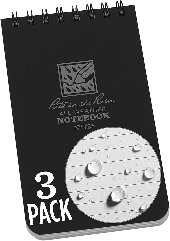 Rite in the Rain Weatherproof Top Spiral Notebook, 3" x 5", Black Cover, Universal Pattern, 3 Pack (No. 735-3)