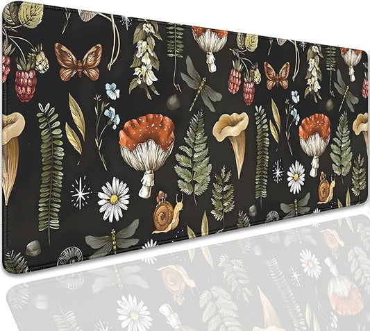 Plant Mushroom Desk Pad Mouse Pad,Large Black Aesthetic Mouse Mat with Stitched Edges,Non-Slip Rubber Base Mousepad for Office PC Keyboard Laptop and Home Work Desk Mat(27.5X11.8 in)