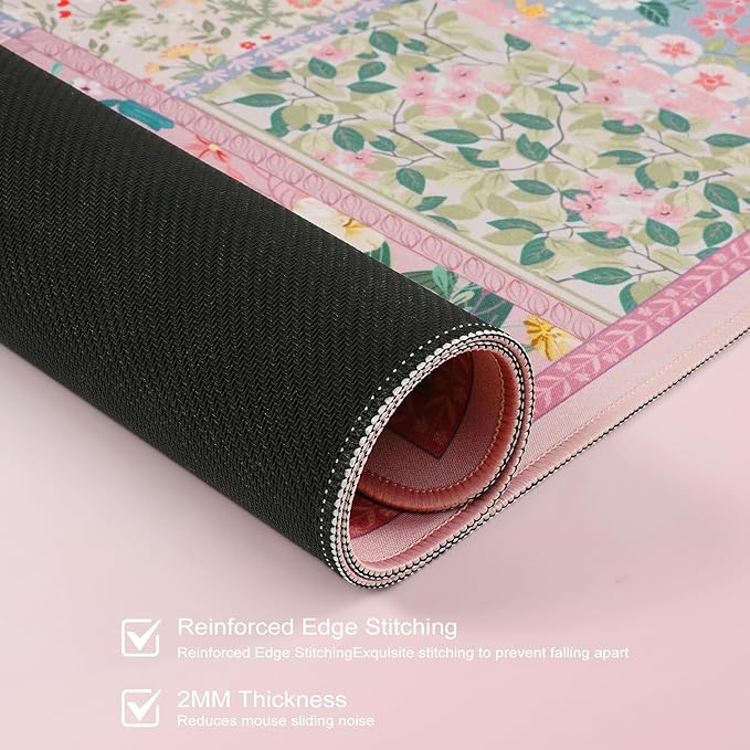 HAOCOO Cute Pink Desk Matt for Desktop, Floral Mouse Pad with Stitched Edge, Desk Protector Mat with Non-Slip Rubber Base, 35.4” x 15.7" Largr Computer Pad for Women Office