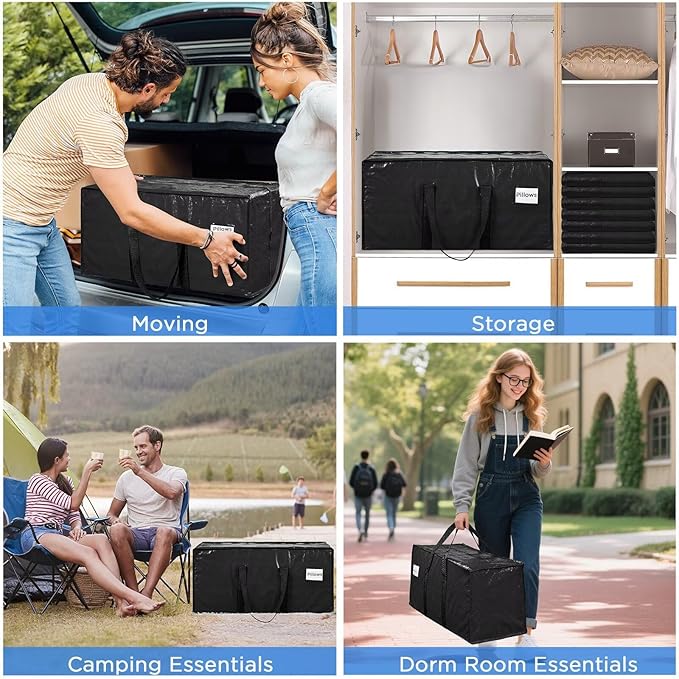 Extra Large Moving Bags Heavy Duty Storage Bags with Zipper Handles, BETU 8 Pack Clothes Storage Totes Bins Packing Moving Boxes, Moving Supplies for College Dorm Essentials, Space Saving, Black
