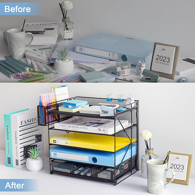 Desk Organizer with Mesh File Holder, Paper Letter Tray with 5 Tier Racks Shelves, 1 Sliding Drawer and Extra Pen Holder for Office Supplies (KPD Black)
