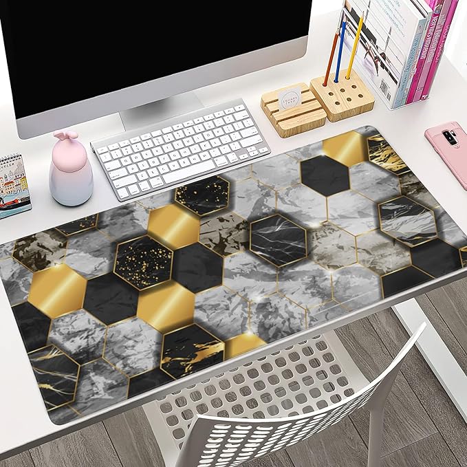 Desk Pad, Black Golden Honeycomb Marble Hexagon Extended Large Gaming Mouse Pad for Desk XXL, Large Desk Mat for Desktop with Non-Slip Rubber Base Stitched Edges for Home Office Desk 35.4"X15.7"