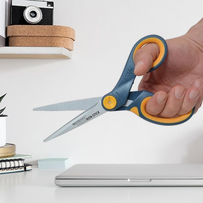 Westcott 8-Inch Titanium-Bonded Non-Stick Straight Scissors with Adjustable Glide Feature for Office and Home - Gray/Yellow, 3 Pack