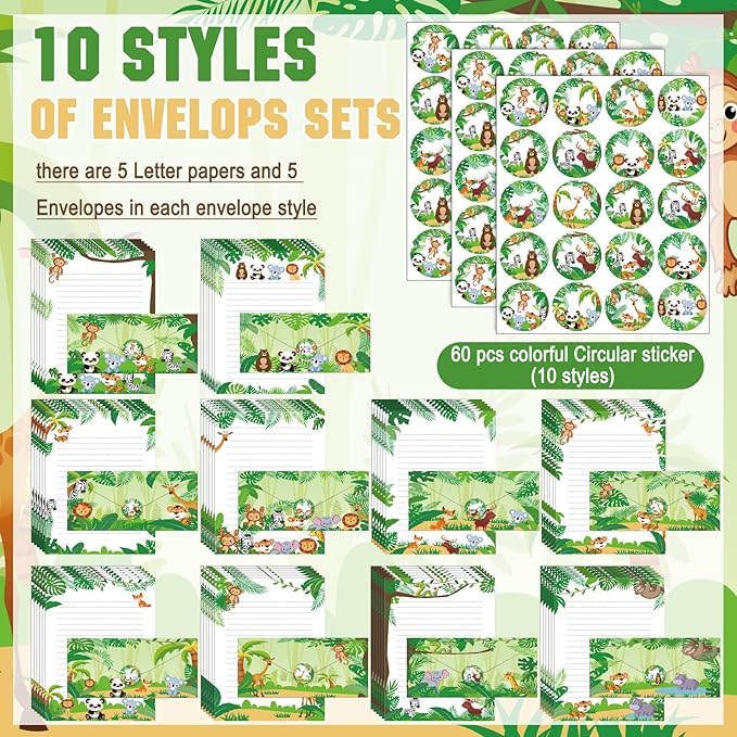 TaoBary 160 Packs Stationery Paper Set (50 Double Sided Stationery Writing Papers 50 Matching Envelopes) 60 Round Dot Sticker, 10 Design(Safari Animal,8.5 x 11 Inch)