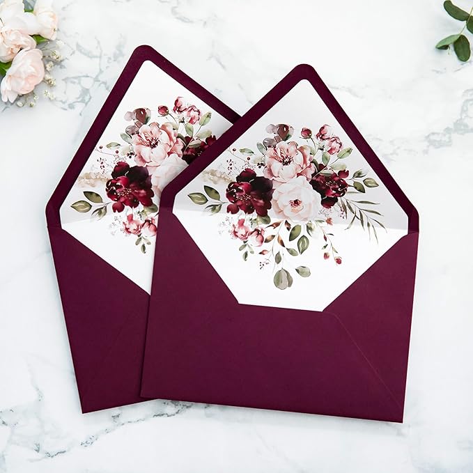 PONATIA 50PCS A7 Euro Flap Envelopes, 5.25 x 7.25'' Burgundy Flowers Liner Envelope for 5x7'' Wedding Invitation Cards, Christmas Gift Cards, Acrylic Invitations, Photos