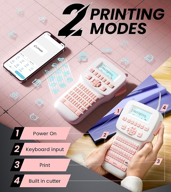 Vixic Pink Label Maker, Rechargeable Label Makers with Keyboard, Handheld Label Maker Machine with Bluetooth Backlit Large Display LM1600, Portable Labeler for Home & Office Organization School Kids
