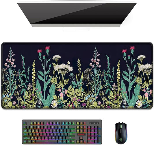 Auhoahsil Desk Pad, XL Extended Large Gaming Mouse Pad 31.5 x 11.8 Inch, Waterproof Mousepad with Stitched Edges, Non-Slip Computer Keyboard Laptop Mat for Women Men Office Work, Silent Night Flowers
