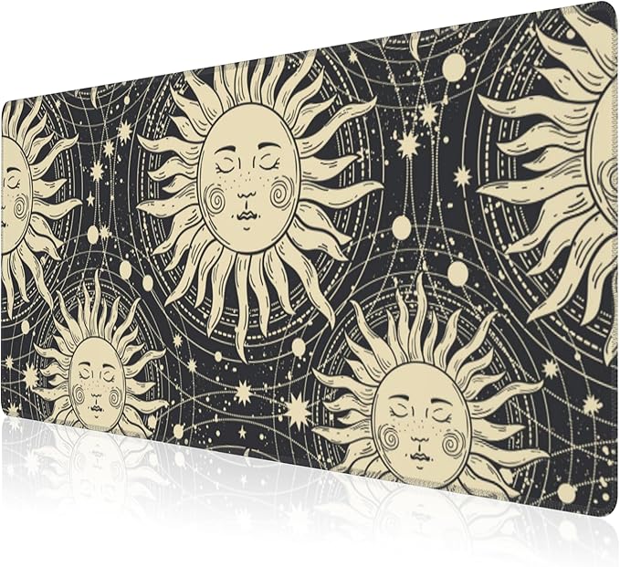 Mouse Pad, Large Golden Sun with a Face and Orbits Desk Mat, Extended Non-Slip Gaming Keyboard Mousepad Desk Pad, Thick Stitched Edges Waterproof Mouse Mat 31.5"x15.7" (Boho Pattern)