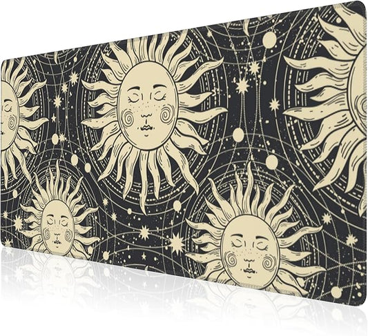 Mouse Pad, Large Golden Sun with a Face and Orbits Desk Mat, Extended Non-Slip Gaming Keyboard Mousepad Desk Pad, Thick Stitched Edges Waterproof Mouse Mat 31.5"x15.7" (Boho Pattern)
