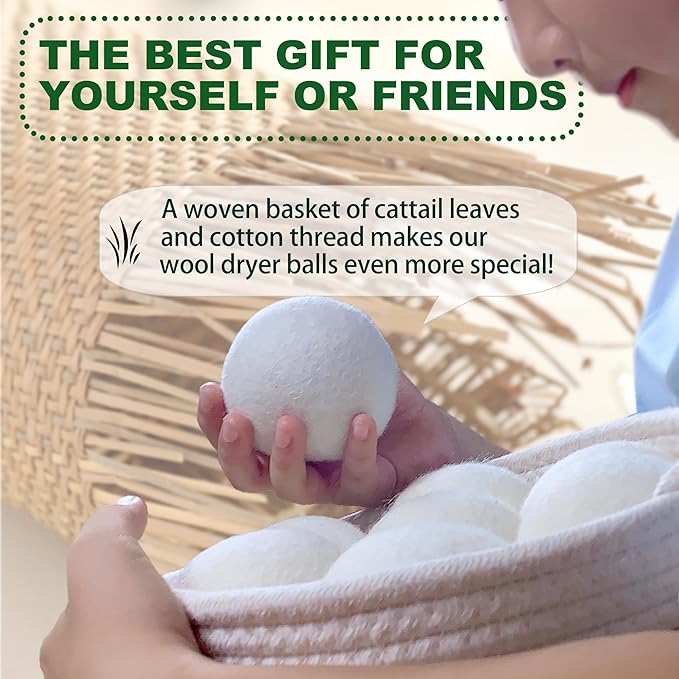 New Zealand Wool Dryer Balls | 7-Pack in Handmade Basket | Speed Up Drying & Reduce Wrinkles | Natural Reusable Fabric Softener
