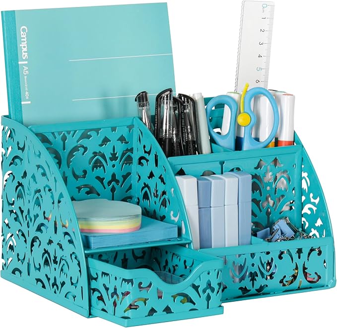 EasyPAG Pen Holder Desk Organizer with Drawer Pencil Cup for Desk 6 Compartments Metal Office Caddy Storage with Sticky Notes Holder for School Home Office, Dark Teal