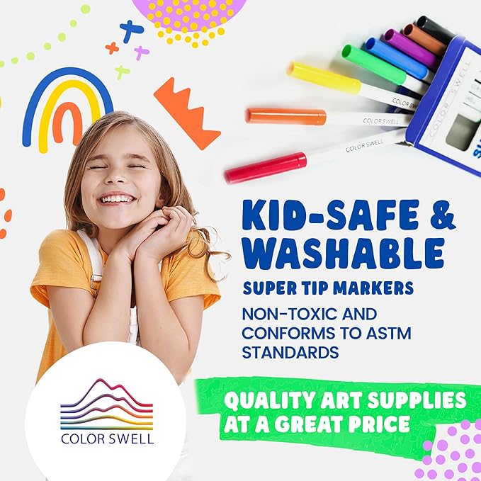 Color Swell 8-Pack Super Tip Markers – Washable, Non-Toxic, Ideal for Kids, Students, Adults, and Classroom Activities