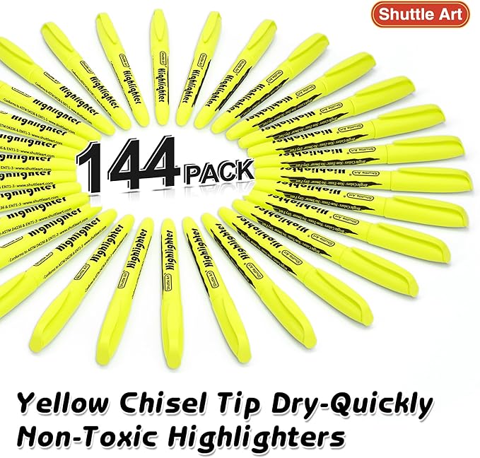 Shuttle Art 144 Pack Highlighters, Yellow Highlighter Pen Bulk with Versatile Chisel Tip Dry-Quickly Non-Toxic Highlighter Markers for Adults Kids Highlighting in Home School Office