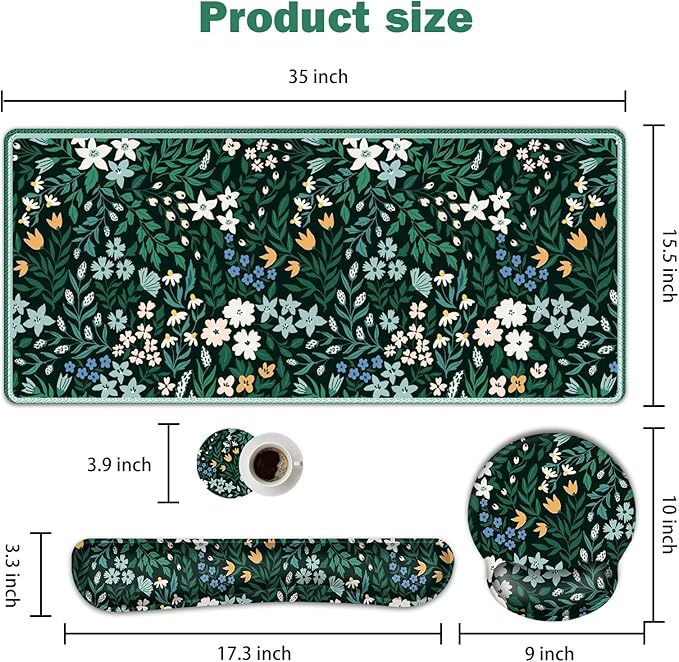 ARTSO Desk Pad Desk Mat, XXL Large Gaming Mouse Pad with Wrist Rest Wrist Support, Ergonomic Mouse Pad, Keyboard Wrist Rest, Home Office Desk Accessories Decor, Green Flower Plants