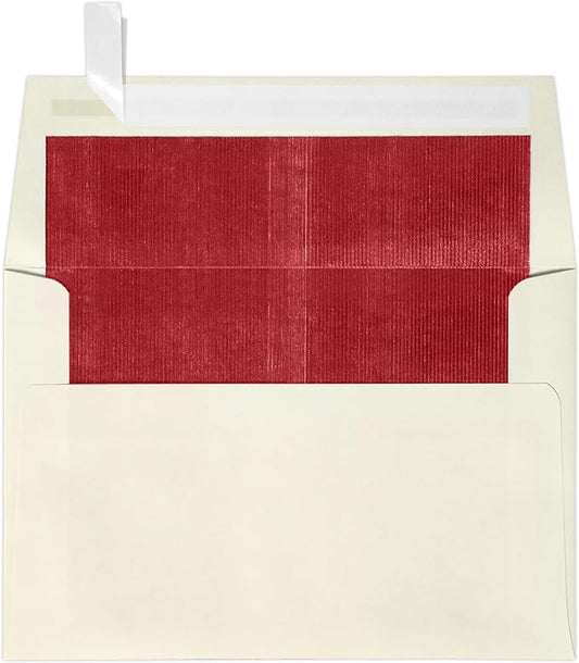 LUXPaper A4 Foil Lined Invitation Envelopes | Peel & Press | 4 1/4" x 6 1/4" | Natural w/Red LUX Lining | 70lb. Text | 50 Qty