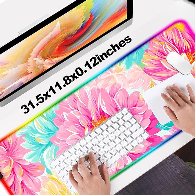 RGB Pink Flower Gaming Desk Mat, Computer Keyboard Large Extended Long Floral LED Mouse Pad for Office and Home, XL (W29)