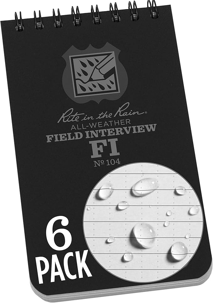 Rite in the Rain Weatherproof Field Interview Notebook, 3" x 5", Black Cover, Field Interview Form Pages, 6 Pack (No. 104L6)