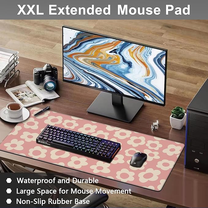 Mouse Pad, Large Pink Groovy Flowers Desk Mat, Extended Non-Slip Gaming Keyboard Mousepad Desk Pad, Thick Stitched Edges Waterproof Mouse Mat 31.5"x15.7" (Vintage Floral)
