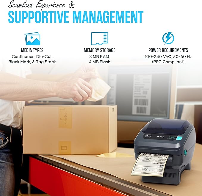 ZP450 Zebra Direct Thermal Label Barcode Printer -1 Year Warranty - with USB 2.0 Cable & 3 Prong Cord - USB, Serial and Parallel Connectivity 203 DPI