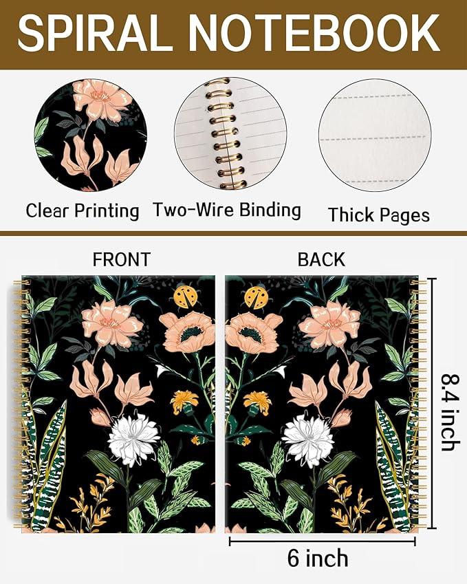 Spiral Notebook A5, Hardcover Journal for Women, 120 Pages Thick College Ruled Paper, Perfect for Office, School, or Home Use(Flowers on Black Background)