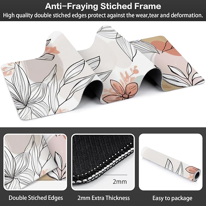 Large Gaming Mouse Pad for Desk, Abstract Flowers and Leaves Desk Mat for Desktop, Non-Slip Rubber Base Stitched Edges Long Computer Keyboard Mouse Mat Desk Pad for Home Office Gaming 35.4"X15.7"