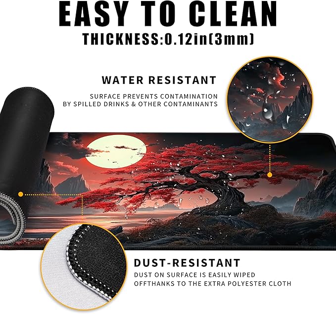 Japanese Desk Mat Riverside Full Moon Large Mouse Pad Gaming Mousepad Extended XL Keyboard Mat Computer Laptop Mouse Desktop Mat 31.5 X 11.8 Desk Decor