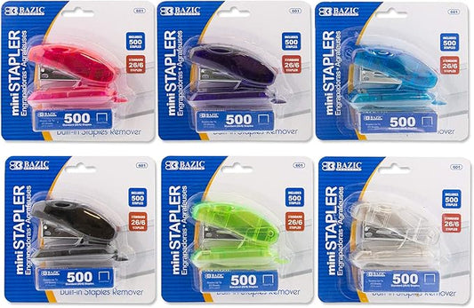 BAZIC Mini Stapler w/500 Staples, Standard (26/6) Built-in Staple Remover, Soft Grip 12 Sheets, Portable Small Staplers for Home Office School, 6-Pack