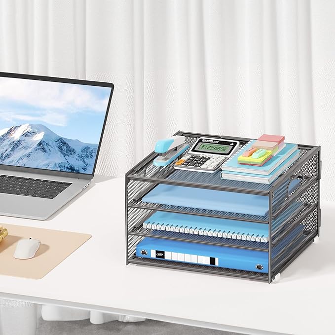 Lavatino 3-Tier Letter Tray Desk Organizer, Mesh Metal Paper File Tray Organizer for Desk, Office Supplies & Home Organization, Fits A4 Paper, Mail, Magazines & Office Accessories (Grey with Handle)