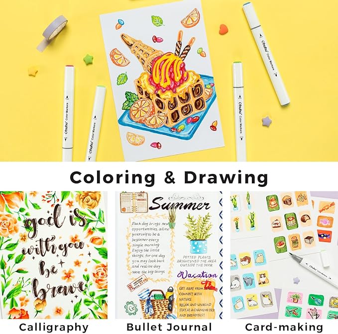 Ohuhu Markers for Adult Coloring Books No Bleeding 116 Colors Water-based Dual Tips Brush & Chisel Coloring Markers for Kids Adults Beginners Drawing Pens for Journaling Lettering