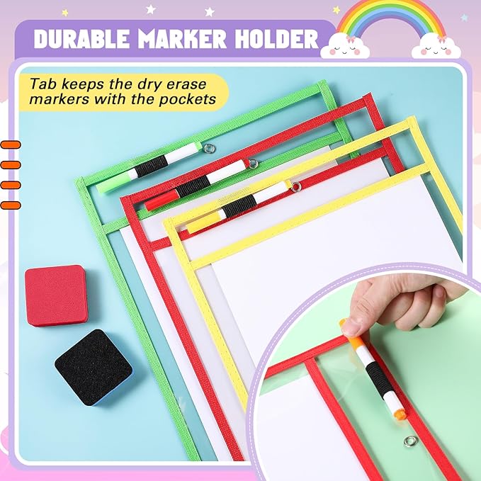 24 Pack Dry Erase Pocket Reusable Sleeves 10" x 14" Clear Plastic Sheet Protectors with Dry Erase Markers and Mini Sleeves Paper Teacher Supplies(Rainbow)