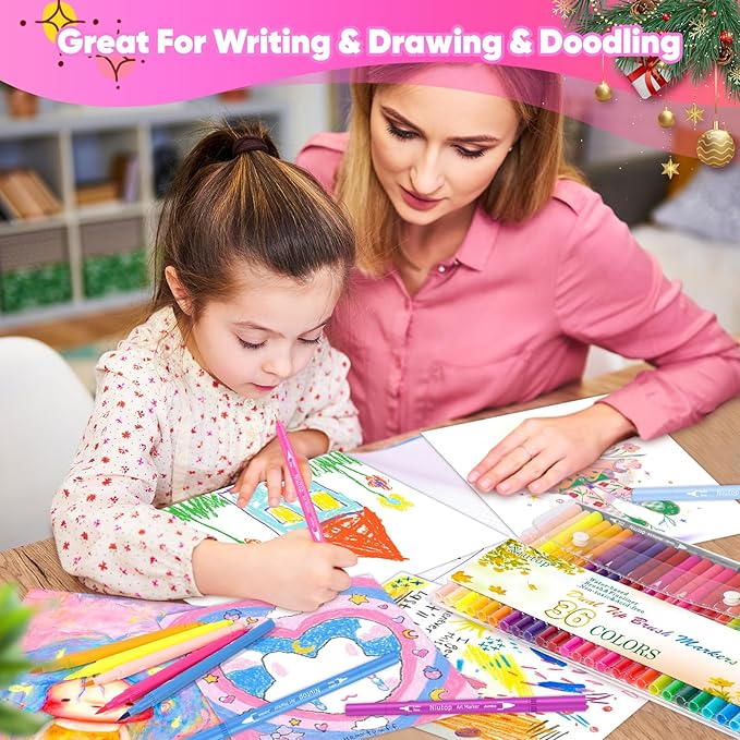 Niutop 36 Colors Fine & Brush Tip Dual Tip Coloring Marker Pens, Doodle Art Markers for Adult Coloring Books, Calligraphy Journaling, Art Supplies for Kids 9-12