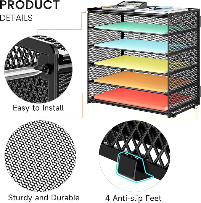 Paper Organizer Storage for Desk Accessories & Workspace Organizers 6 Tier Letter Tray Desk File Organization Metal Mesh Paper Sorter for Office-Black
