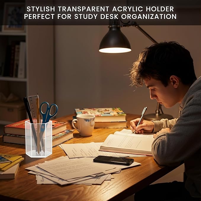 Acrylic Pen Holder for Desk | Hexagonal Cute Pen Holder | Multipurpose Clear Acrylic Makeup Organizers, Clear Toothbrush Holder Cups & Pencil Cups for Classroom, Office Desk Accessories