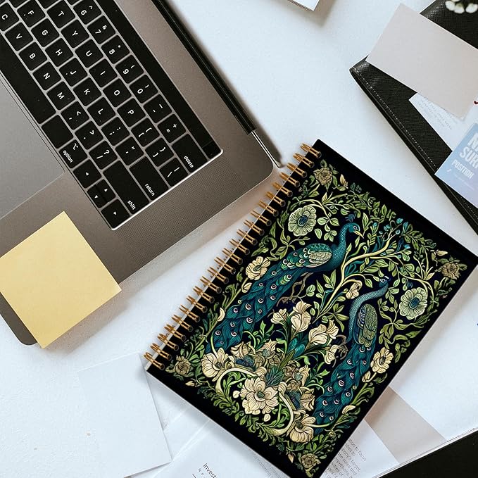 Vintage Floral Peacock Notebook, Retro Moody William Morris Flower Botanical Peacock Journal, Dark Academia Cottagecore Journaling, Rustic Floral Spiral Notebook 5.5x8.3 Inch