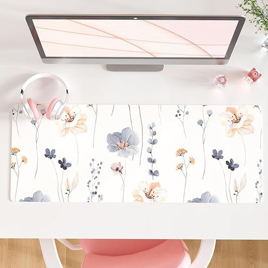 QIYI Large Mouse Pad, Floral Desk Mat for Desktop, Women Girls PU Leather Waterproof Gaming Mousepad, Computer Laptop Flower Desk Accessories Protector Writing Pad for School Office Home 31.5" x 11.8"