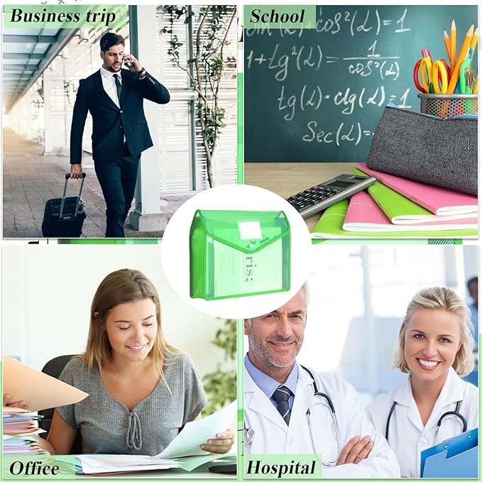Epakh 10 Pieces Plastic File Folders Envelope Expanding File Wallet Organizer Documents Folder with Snap Closure and Pocket, A4 Size Waterproof Transparent Pouch (Green,Horizontal)