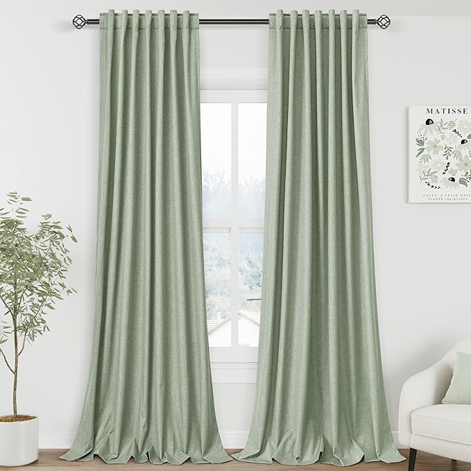 Light Sage Linen Blackout Curtains 108 Inches Long 2 Panel Set for Living Room Back Tab Pocket Drapes Cotton Textured Room Darkening Light Blocking Curtain for Bedroom Cottage High Window 52x108