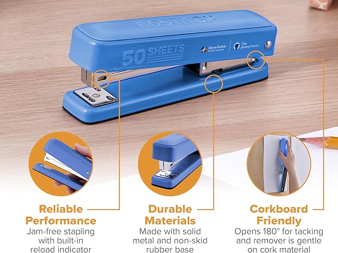 Bostitch Titan Heavy Duty Metal Stapler, 50 Sheet Capacity with 1250 Staples and Ergonomic Staple Remover, Jam Free Stapling, Full Strip Stapler for Desk, Office and Classroom, Blue