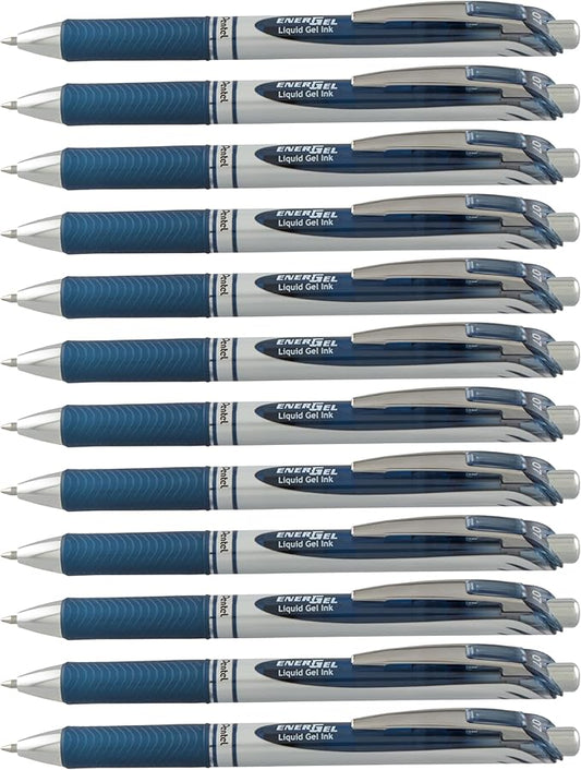 Pentel EnerGel RTX Retractable Liquid Gel Pen, (0.7mm) Metal Tip, Medium Line, Navy Blue Ink, 12 pack (BL77-CA)