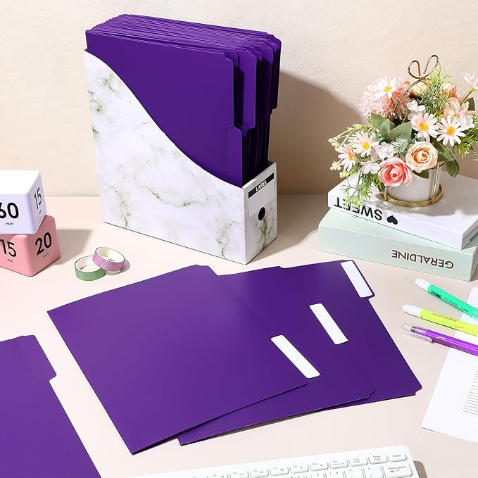 48 Pack Colored Plastic File Folders with Tabs and Sticky Labels Sturdy 1/3 Cut Tab Manila File Folders Letter Size 8. 5 x 11 Inch for Office Home Supplies Organizer Documents(Purple)